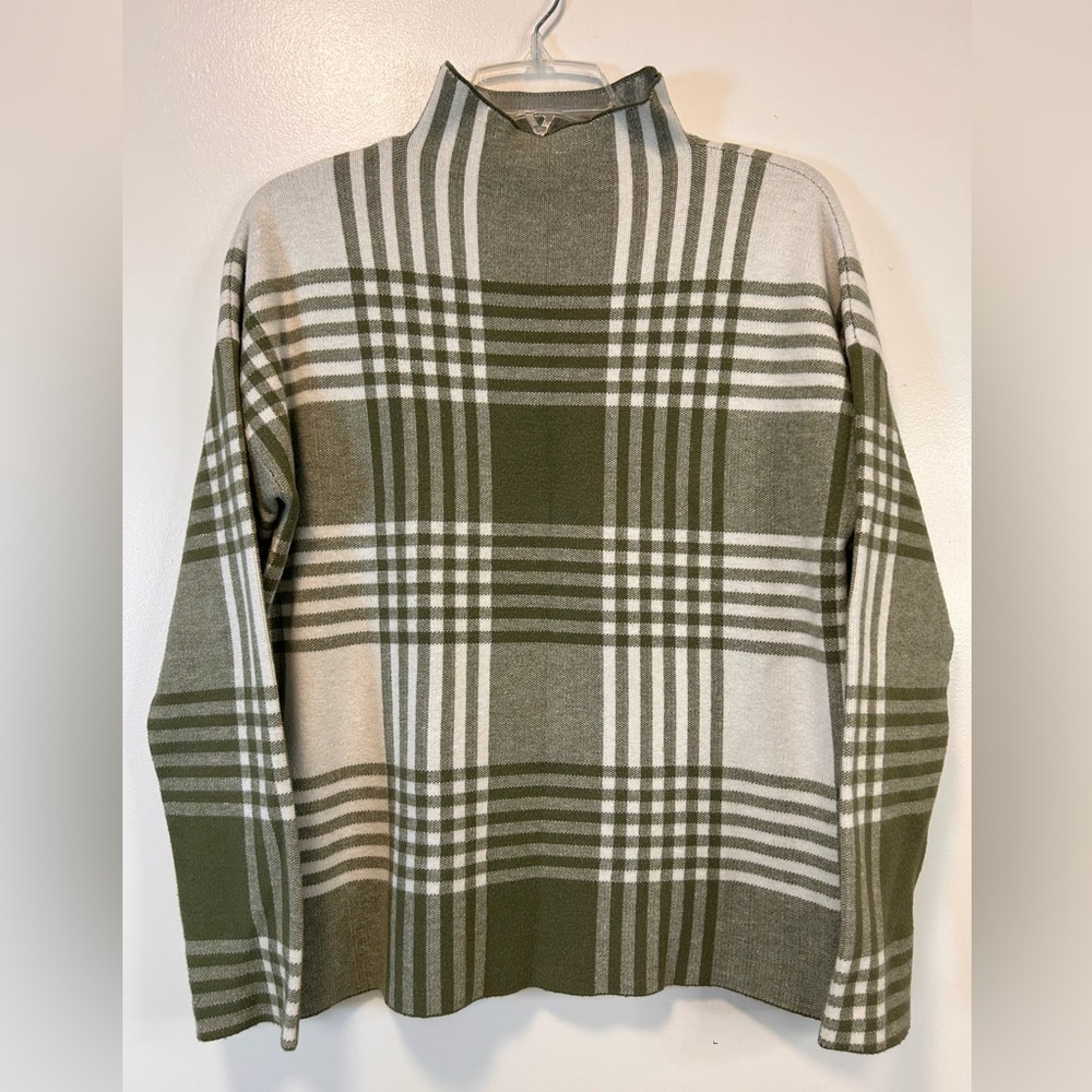 Max Studio Green & White plaid mock neck long sleeve pullover sweater Women’s XL
